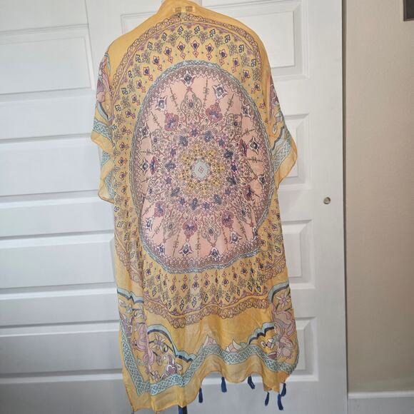 Woven Heart Sweaters - Woven Heart Yellow Boho Printed Kimono Cardigan with Tassels